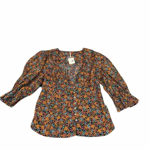 Free People Navy Combo I Found You Floral Print Blouse XL Boho Peasant Cotton - Picture 7 of 14